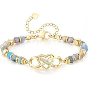 Gold Tone Infinity Heart Beaded Bracelet‎ Natural Stone Women Adjustable